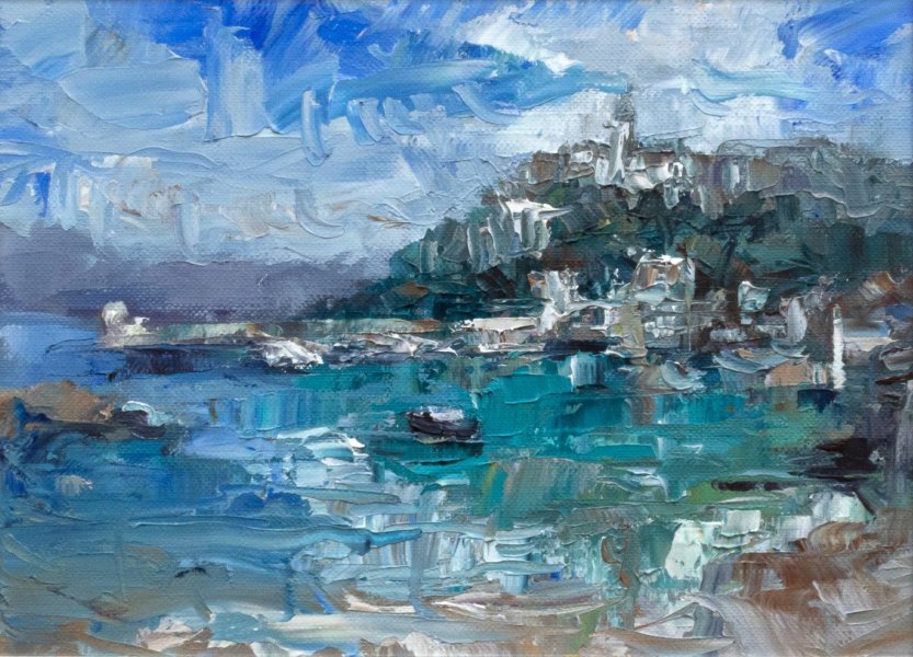 Additional view 1: Impressionism Landscape Painting Mediterranean Port by painter Adrienn Pécsek oil paper 