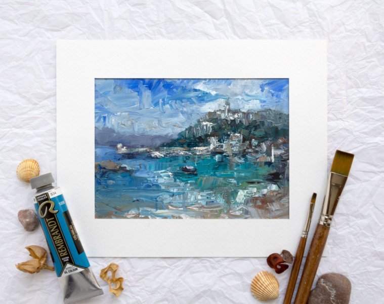 Additional view 2: Impressionism Landscape Painting Mediterranean Port by painter Adrienn Pécsek oil paper 