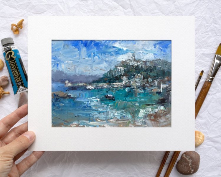 Additional view 8: Impressionism Landscape Painting Mediterranean Port by painter Adrienn Pécsek oil paper 