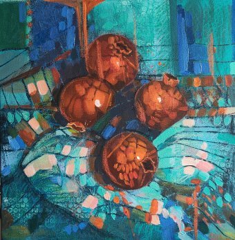 Painting "A Still Life with Pomegranates: Abstract Joy in Reds" by painter KOlha acrylic canvas at Jose Art Gallery