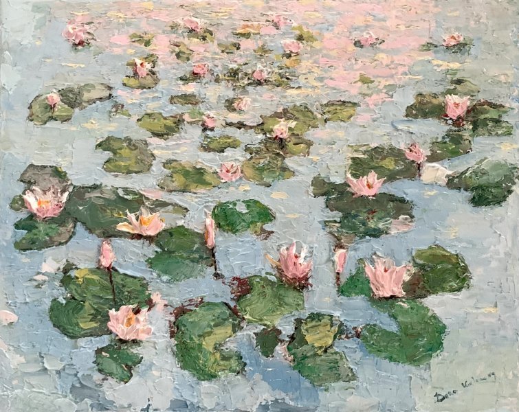 Impressionism Flower Painting Pink Water Lilies in Bloom by painter Dora Kalinova oil canvas 