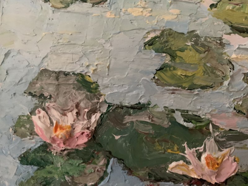 Additional view 1: Impressionism Flower Painting Pink Water Lilies in Bloom by painter Dora Kalinova oil canvas 