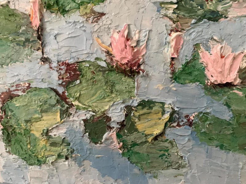 Additional view 2: Impressionism Flower Painting Pink Water Lilies in Bloom by painter Dora Kalinova oil canvas 