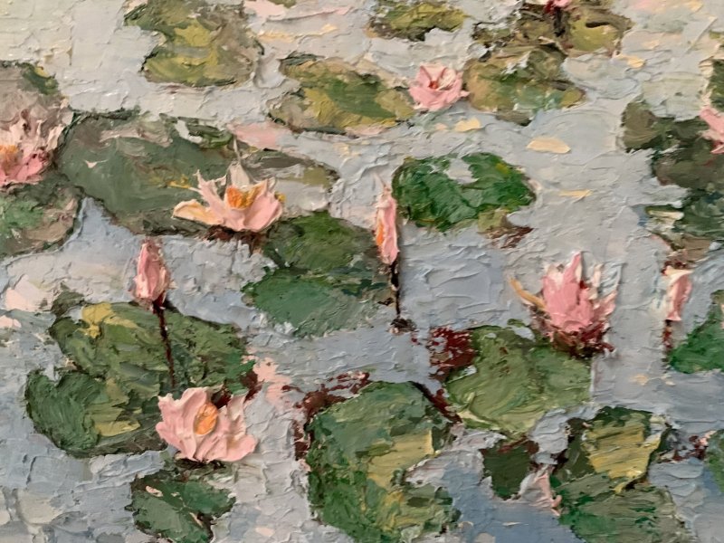 Additional view 3: Impressionism Flower Painting Pink Water Lilies in Bloom by painter Dora Kalinova oil canvas 
