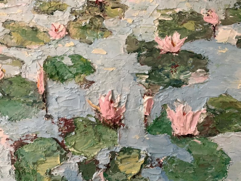 Additional view 4: Impressionism Flower Painting Pink Water Lilies in Bloom by painter Dora Kalinova oil canvas 