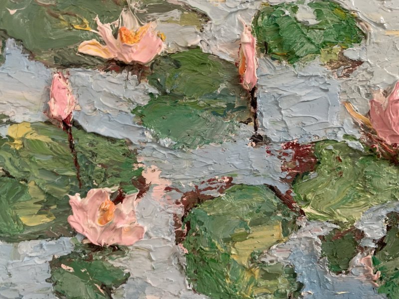 Additional view 5: Impressionism Flower Painting Pink Water Lilies in Bloom by painter Dora Kalinova oil canvas 