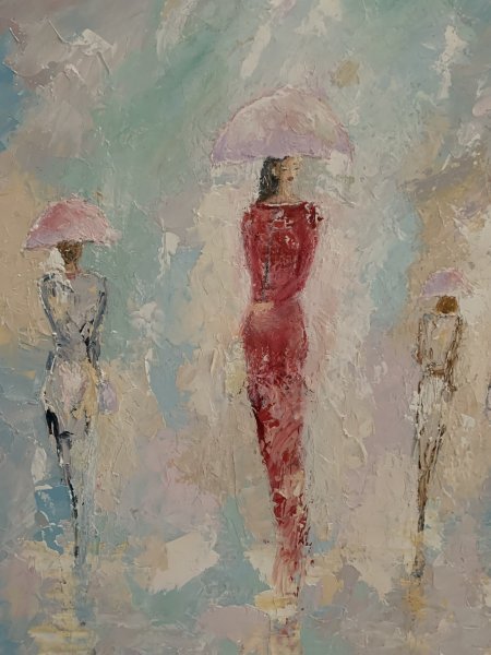 Additional view 1: Expressionism Genre Painting Women in the rain by painter Dora Kalinova oil canvas 