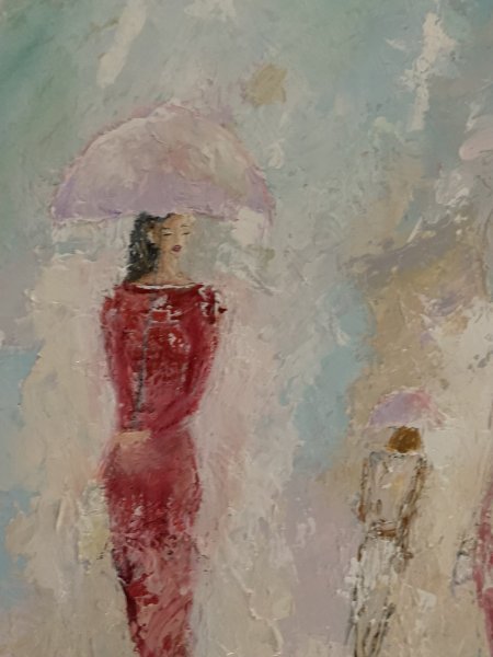 Additional view 2: Expressionism Genre Painting Women in the rain by painter Dora Kalinova oil canvas 