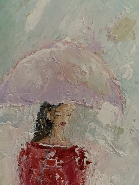 Additional view 6: Expressionism Genre Painting Women in the rain by painter Dora Kalinova oil canvas 