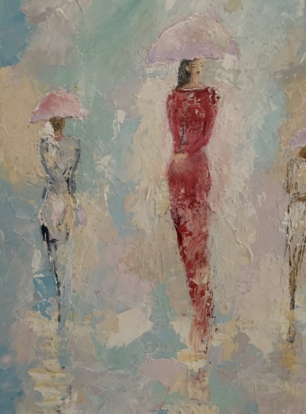 Additional view 8: Expressionism Genre Painting Women in the rain by painter Dora Kalinova oil canvas 