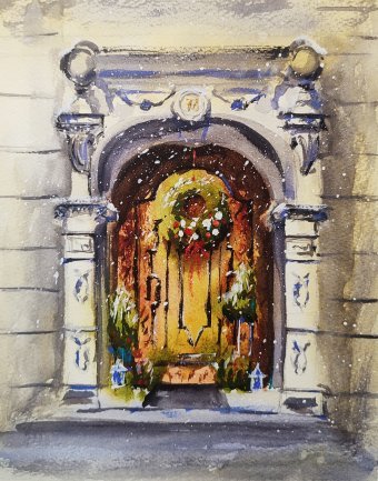 Pittura "Benvenuto invernale", pittore Yuliia Panchenko acquerello carta alla Jose Art Gallery