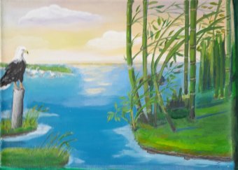Malarstwo "Eagle Resting Over Tropical Lake Dawn", malarz Fa Ley akryl płótno w Jose Art Gallery