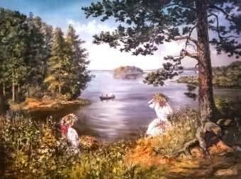 Pintura "Celebraciones del Día de Iván Kupala en la ribera del río", pintor Liliana Kovhuto óleo lienzo en Jose Art Gallery