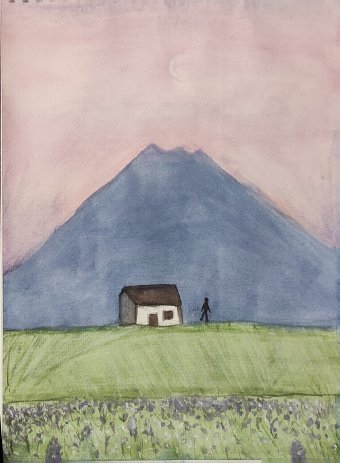 Pittura "Solitudine in un paesaggio minimalista", pittore Lix acquerello carta alla Jose Art Gallery