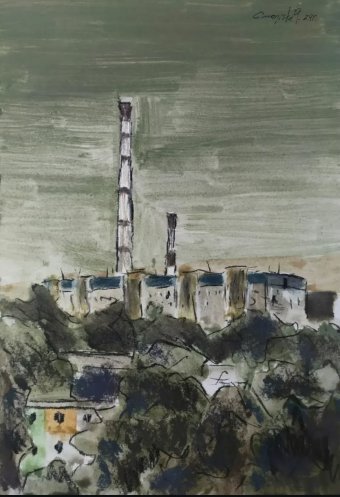 Graphique "Cheminées d'usine : une expression du paysage urbain", illustrateur Stanislav Bazylev aquarelle papier à la Jose Art Gallery