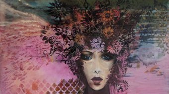 Peinture "Deuxième demoiselle d'honneur : Masquée et énigmatique", peintre Jeanine Eddison acrylique toile à la Jose Art Gallery