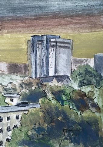 Graphique "Vue depuis la fenêtre de l'appartement", illustrateur Stanislav Bazylev aquarelle papier à la Jose Art Gallery