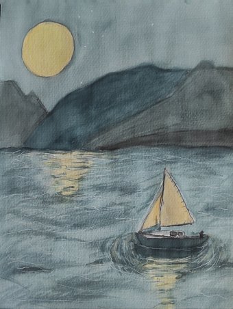 Pittura "Chiaro di luna su un fiume tranquillo", pittore Lix acquerello carta alla Jose Art Gallery