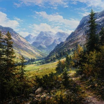 Pittura "Valle di montagna", pittore Viktar Yushkevich Yuvart acrilico tela alla Jose Art Gallery