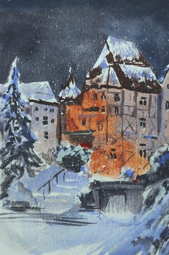 Pittura "Sera d'inverno nella città vecchia", pittore Yuliia Panchenko acquerello carta alla Jose Art Gallery