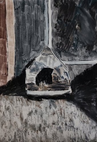 Graphique "Le chenil d'un chien sans abri", illustrateur Stanislav Bazylev craie papier à la Jose Art Gallery