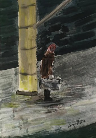 Graphique "En attendant le train", illustrateur Stanislav Bazylev aquarelle papier à la Jose Art Gallery