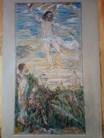Grafica "Resurrezione Cristo Averoldi: Fede e Rinascita", illustratore roberto ferrando matita carta alla Jose Art Gallery