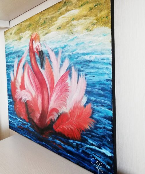 Additional view 2: Impressionism Animal Painting Pink Flamingo by painter Iryna Fedarava oil canvas 