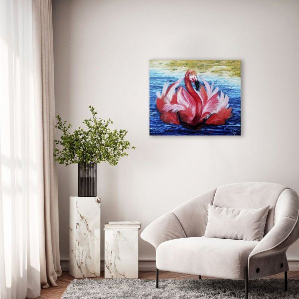 Additional view 4: Impressionism Animal Painting Pink Flamingo by painter Iryna Fedarava oil canvas 