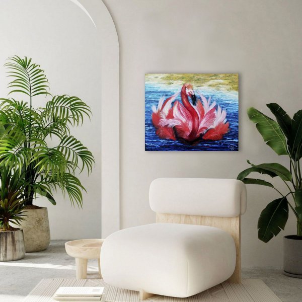 Additional view 5: Impressionism Animal Painting Pink Flamingo by painter Iryna Fedarava oil canvas 