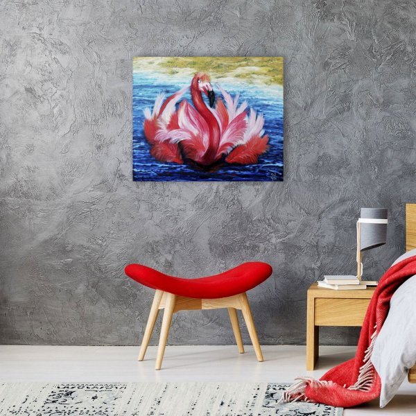 Additional view 6: Impressionism Animal Painting Pink Flamingo by painter Iryna Fedarava oil canvas 