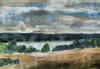 Graphique "Vue du lac", illustrateur Stanislav Bazylev aquarelle papier à la Jose Art Gallery