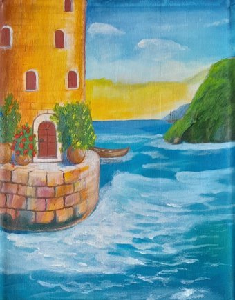 Malarstwo "A Tower by the Sea: Echoes of Night and Waves", malarz Fa Ley akryl płótno w Jose Art Gallery