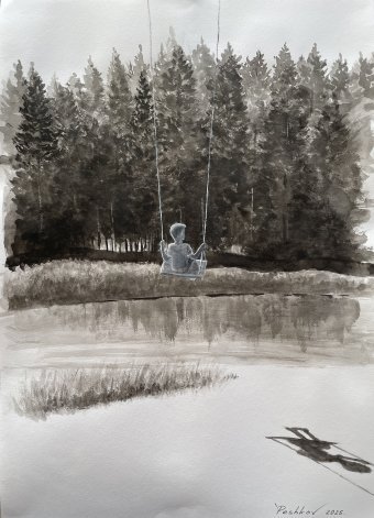 Painting "On the swing" by painter Yury Peshkov drawing ink paper at Jose Art Gallery