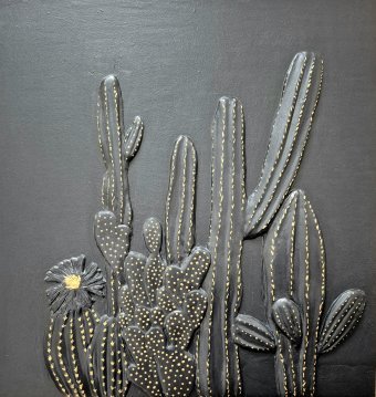 Painting "Night Cacti. Modern Bas-relief Design" by painter Yuliya Suhonosova mixed method plaster at Jose Art Gallery