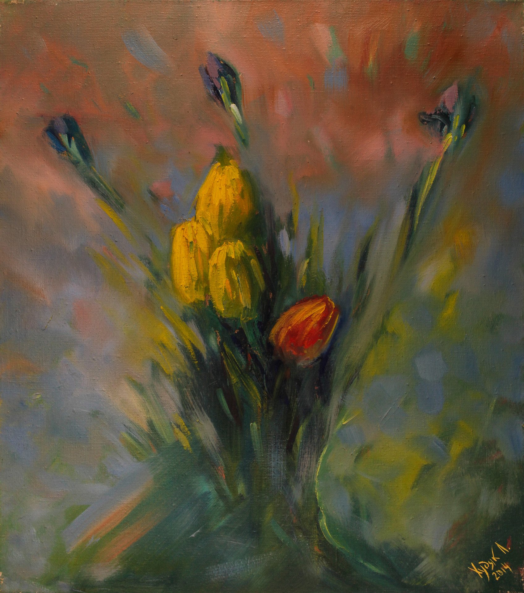 Tulips and irises Painting by Lyubomyr Khudyak