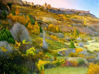 Pittura "Cantavieja dalla valle: un paesaggio autunnale realistico", pittore Vicent Penya-Roja olio tela alla Jose Art Gallery