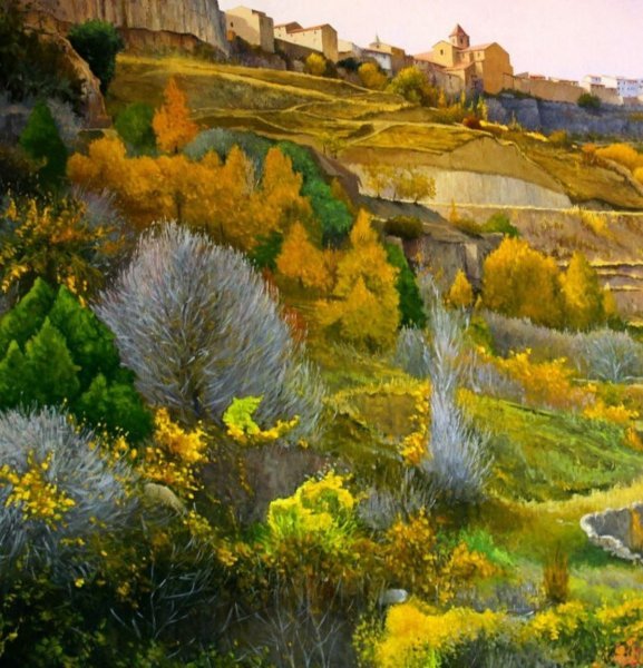 Additional view 2: Realism Landscape Painting Cantavieja from the valley: a realistic autumn landscape by painter Vicent Penya-Roja oil canvas 