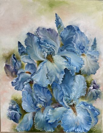 Pittura "Iris blu nel giardino dei sogni", pittore Sana Svitla olio tela alla Jose Art Gallery