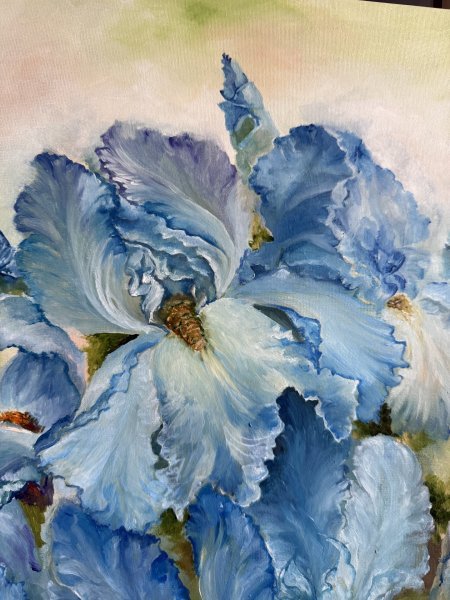 Additional view 1: Realism Flower Painting Blue Irises In The Garden Of Dreams by painter Sana Svitla oil canvas 