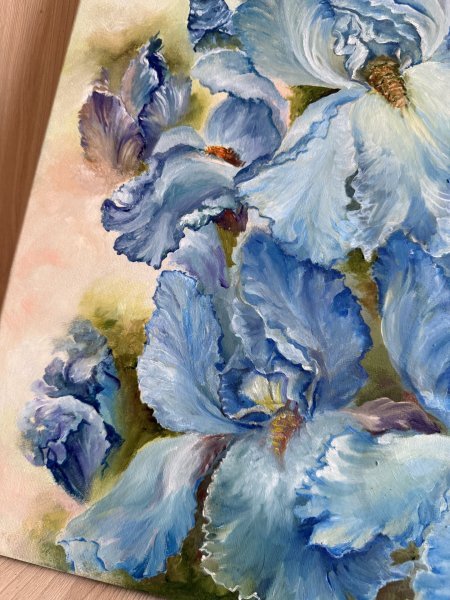 Additional view 2: Realism Flower Painting Blue Irises In The Garden Of Dreams by painter Sana Svitla oil canvas 