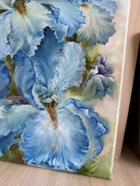 Additional view 3: Realism Flower Painting Blue Irises In The Garden Of Dreams by painter Sana Svitla oil canvas 