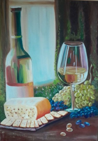 Pintura "Uvas, vino y queso", pintor Nataliia Polehenko óleo lienzo en Jose Art Gallery