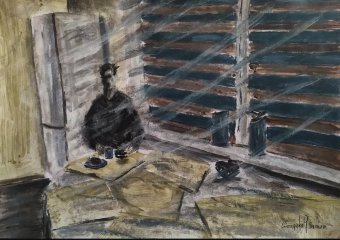 Drawing "Morning coffee" by illustrator Stanislav Bazylev water colours paper at Jose Art Gallery