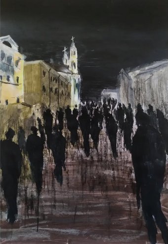 Drawing "Disappeared people" by illustrator Stanislav Bazylev water colours paper at Jose Art Gallery