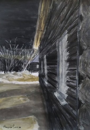 Drawing "By the house" by illustrator Stanislav Bazylev water colours paper at Jose Art Gallery