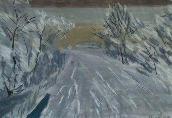 Drawing "Winter evening" by illustrator Stanislav Bazylev water colours paper at Jose Art Gallery