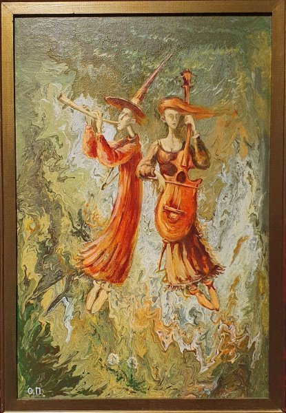 Additional view 1: Surrealism Mythological Painting Love and Music by painter Oksana Potomkina acrylic canvas 