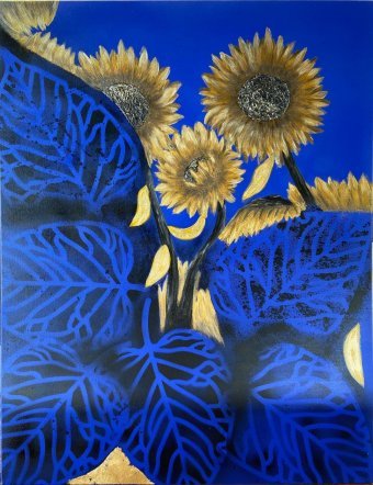 Painting "Elegant Sunflowers. Blue and Gold Patriotism" by painter Yuliya Suhonosova mixed method canvas at Jose Art Gallery
