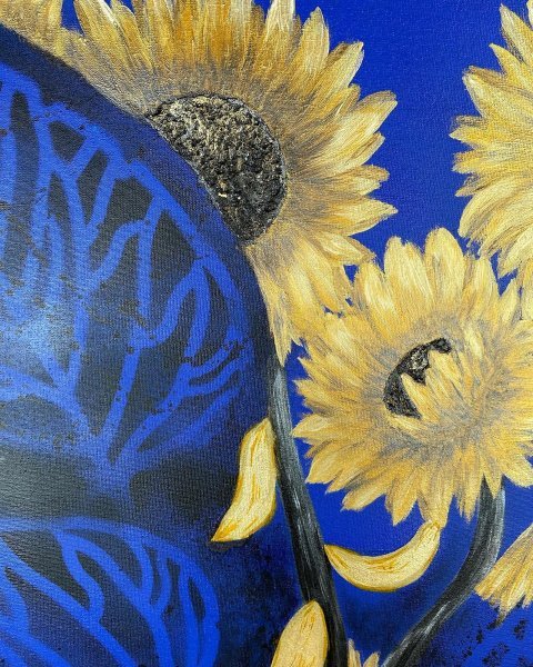 Additional view 1: Contemporary Art Flower Painting Elegant Sunflowers. Blue and Gold Patriotism by painter Yuliya Suhonosova mixed method canvas 